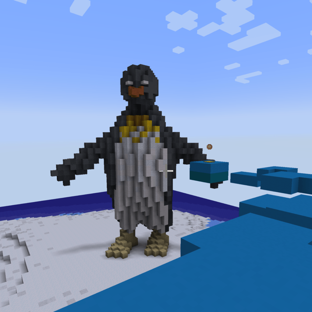 A giant Minecraft penguin sits at the end of this Antarctica parkour map in the CubeCraft Minecraft parkour server.