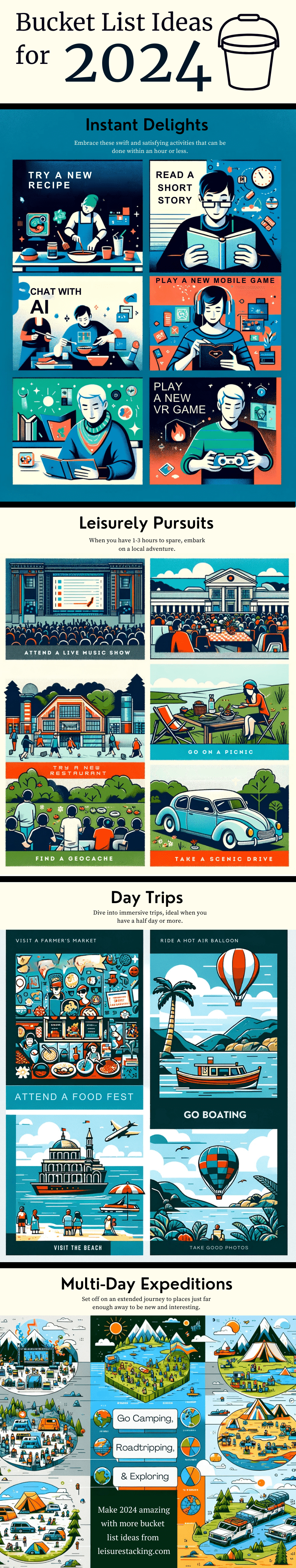 An infographic featuring people pursing bucket list ideas ranging from the simple, such as trying a new recipe, to the adverturous, such as taking a road trip.