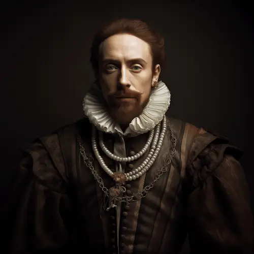 The likeness of William Shakespeare with a white ruff of starched linen around his neck.