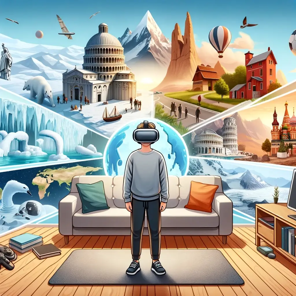 A boy puts on a VR headset to tackle his travel bucket list.