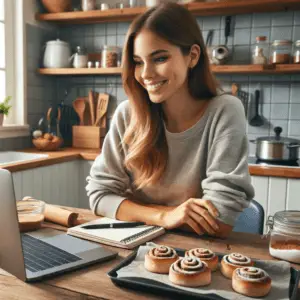 A girl looks at lifestyle classes on her computer while baking cinnamon rolls.