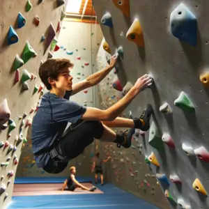 A boy climbs in a bouldering gym.