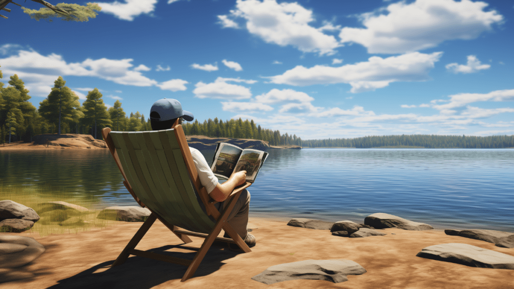 A man reads a book by the lake while sitting in a camping chair.