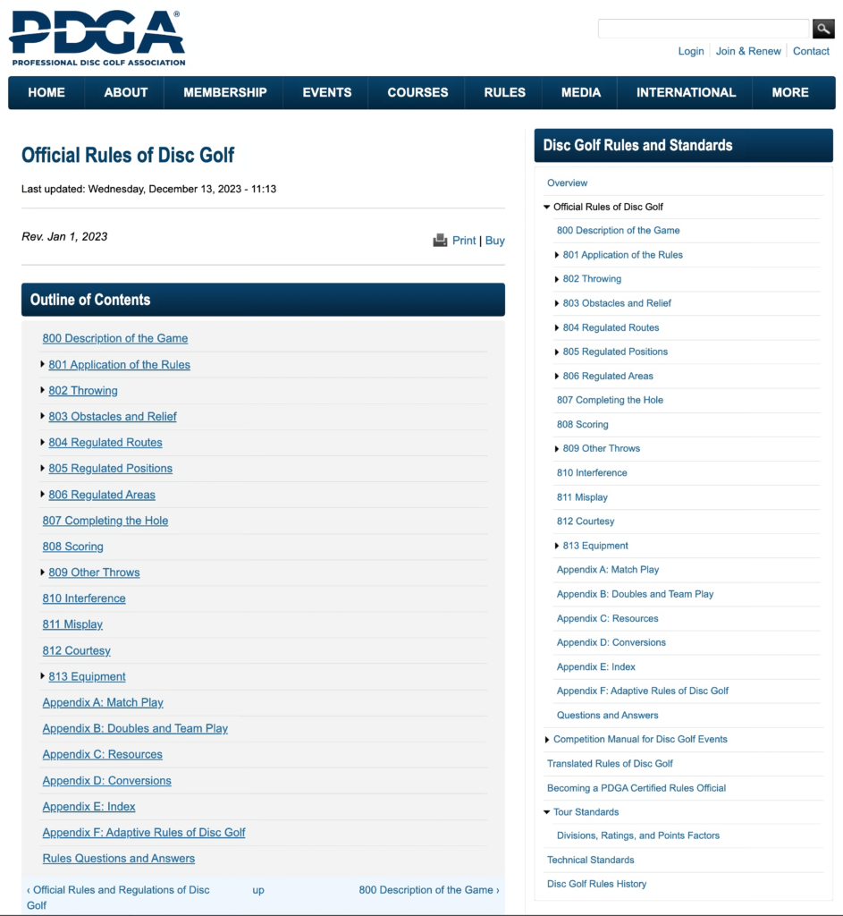 A screenshot of the official rules of disc golf on the PDGA website.