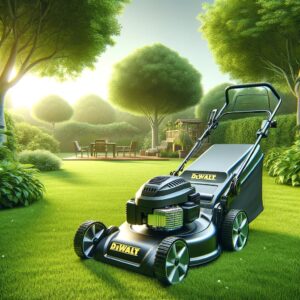 A lawnmower on a lush lawn with a pleasant outdoor living area in the background.