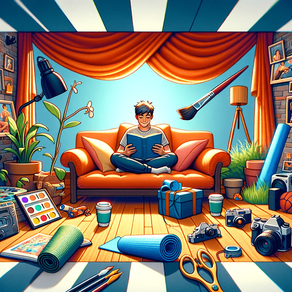 A young man sits on a couch reading a book while surrounded by his favorite things.