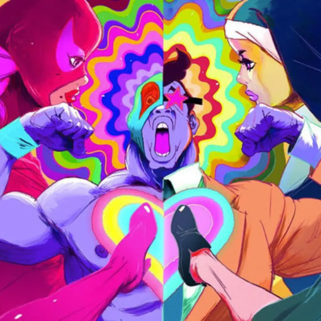 In the movie poster for Kick-Heart, a man animated in a psychedelic style has a glowing heart on his chest.