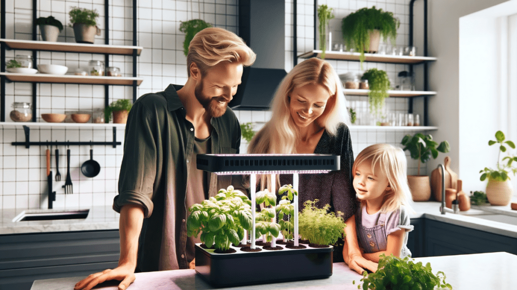 A family looks at herbs in their indoor hydroponics growing system.