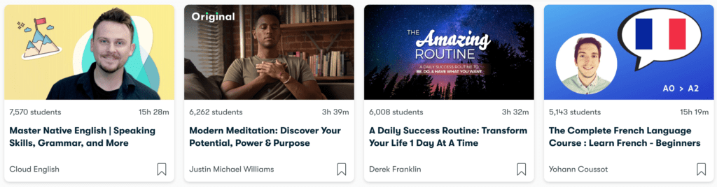 Four popular lifestyle classes on Skillshare: native English, modern meditation, daily success routine, and French language.