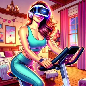 A woman rides a stationary bike while using her Meta Quest 3 VR headset.