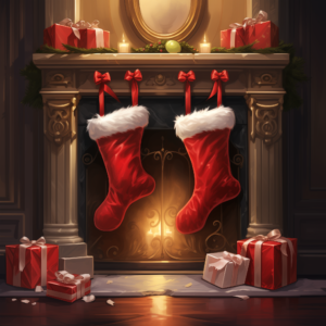 Two stockings hang from a fireplace on Christmas Eve.