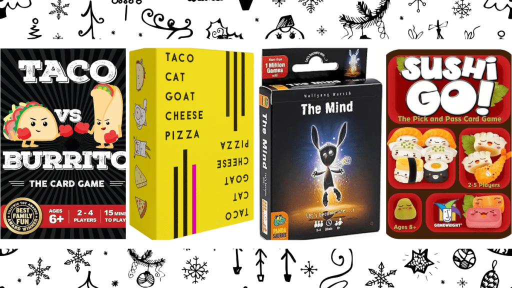 The four card games pictured here make for great stocking stuffer ideas.