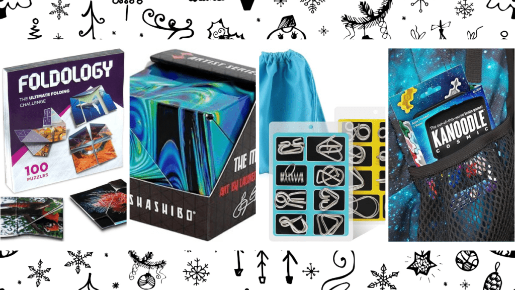 The four puzzle games pictured here make for great stocking stuffer ideas.