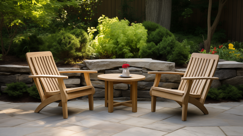 Two teak adirondack chairs surround a teak table in a beautiful outdoor space.