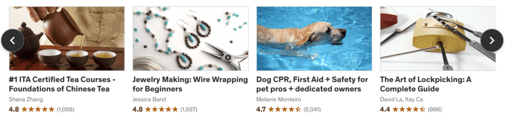 Four popular lifestyle classes on Udemy: a tea course, jewelry making, dog CPR, and lockpicking.