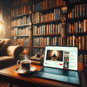 Cozy reading nook with classic Western books and a laptop displaying a YouTube guide to great books.
