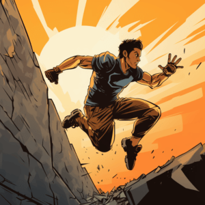 A parkour athlete in a comic book style does a beginning parkour move.