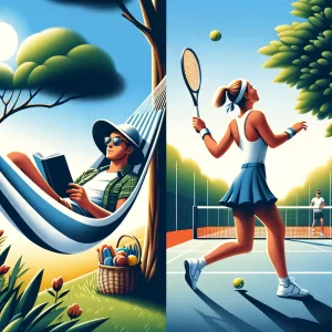 A man rests in a hammock while a woman plays tennis.