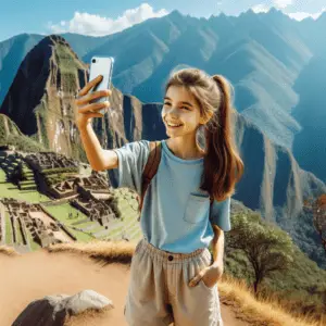 A girl takes a selfie in front of Machu Picchu to upload to her favorite bucket list app.