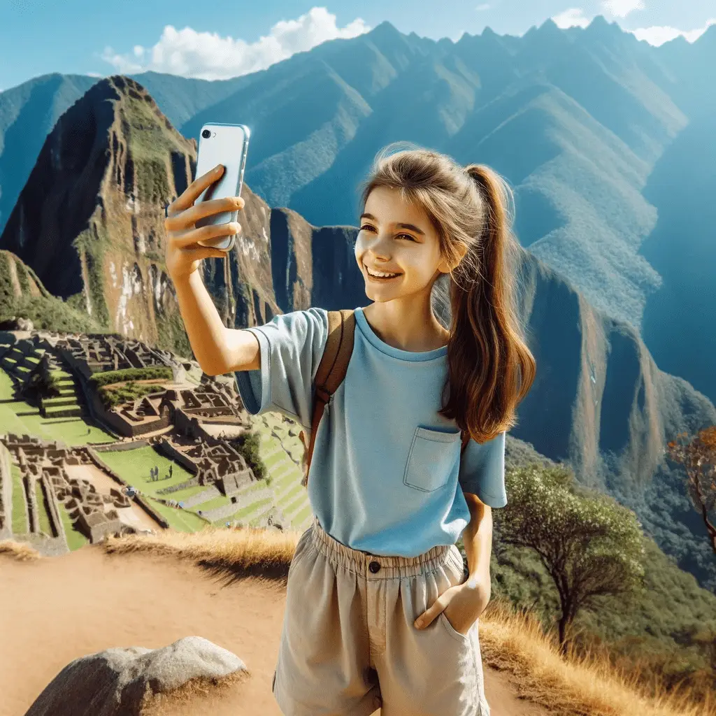 A girl takes a selfie in front of Machu Picchu to upload to her favorite bucket list app.