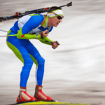 A man competing in a biathlon.