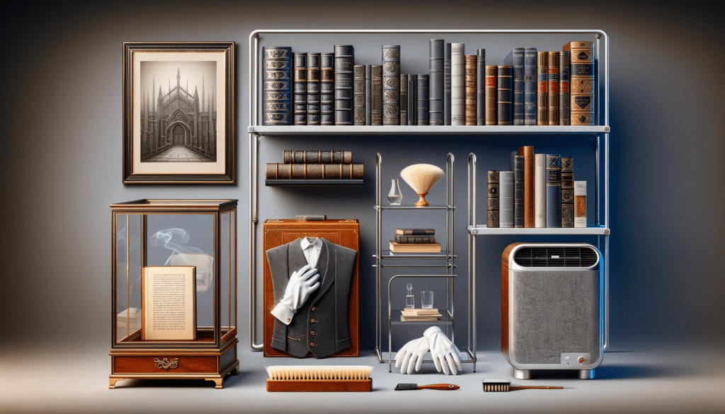 A wall lined with objects that a book collector would want to own.