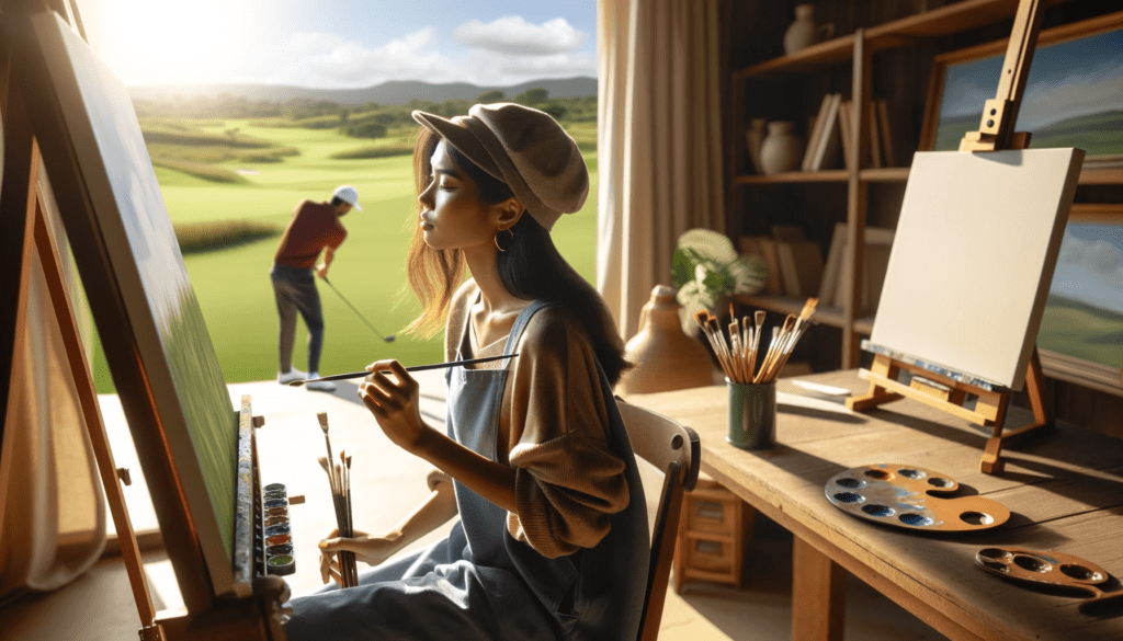 A girl paints in the foreground while her dad golfs in the background.