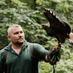 A man with a falcon on his arm.