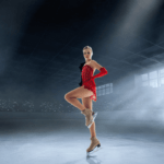 A woman figure skating.