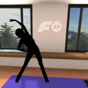 A woman stretches in the virtual FitXR fitness studio.