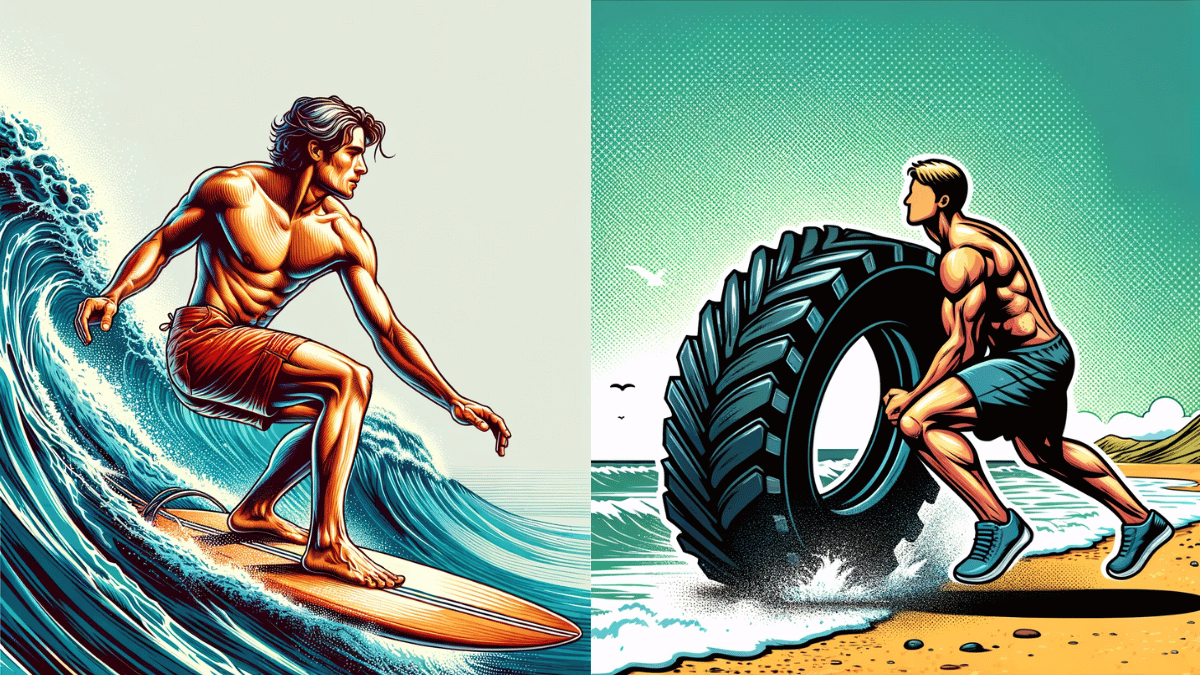 An image with a surfer of the right and a tire flipper on the left.