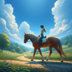 A horseback riding girl travels along a winding path on a day with blue sky and white clouds.