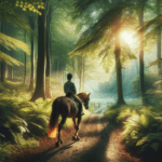 A man riding a horse through the woods.