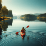 A man kayaking on a lake.