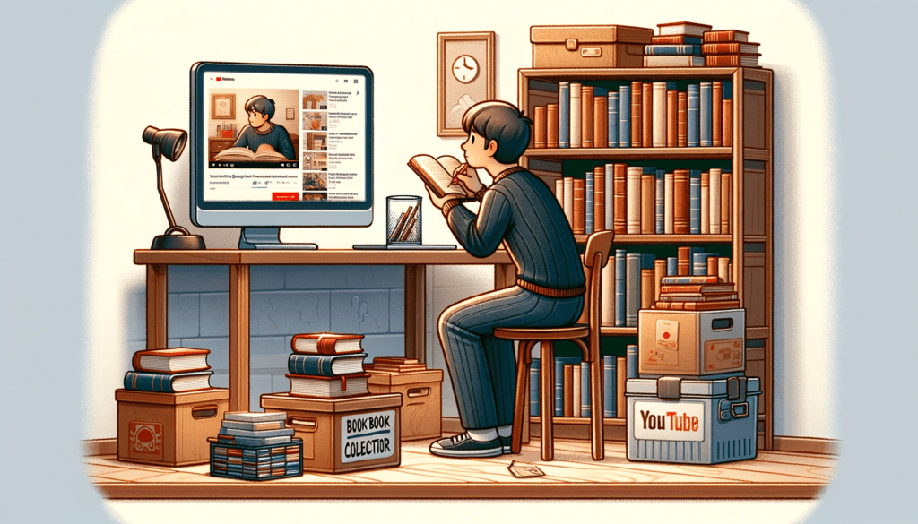 An illustration of a young man at his computer desk learning about book collecting by watching YouTube videos.
