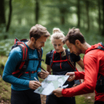 Three people orienteering.