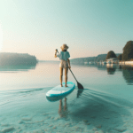 A woman paddleboarding on a lake