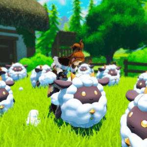 A Palworld character tends her sheep.