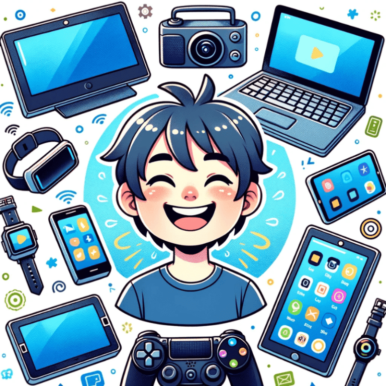 A boy is happy to be surrounded by screens including a smart watch, laptop, tablet, and VR headset.