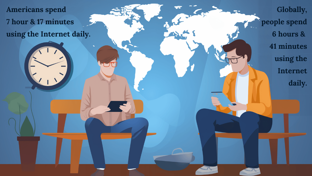 A guy sits in front of an American map to show American screen time statistics while another guy sits in front of a world map to show global screen time statistics.