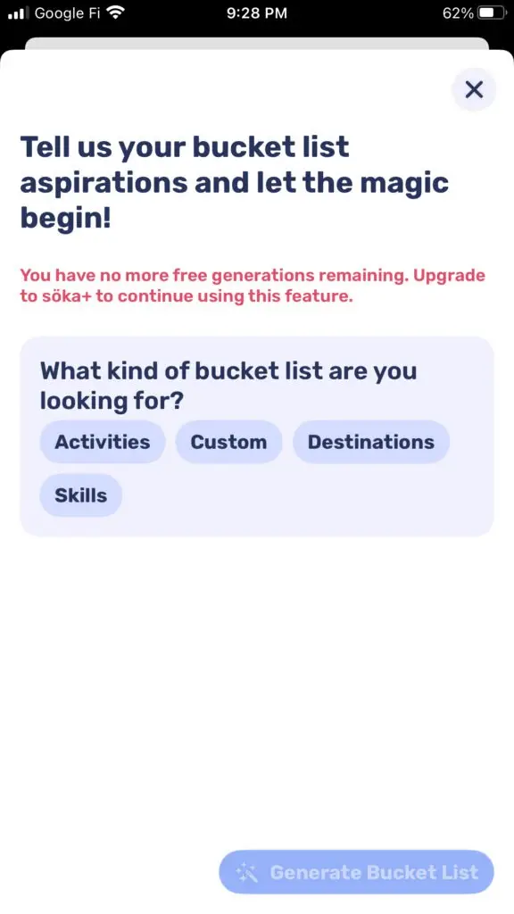 The Söka interface where users select the type of bucket list they are looking for.