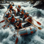 A group of eight does white water rafting.