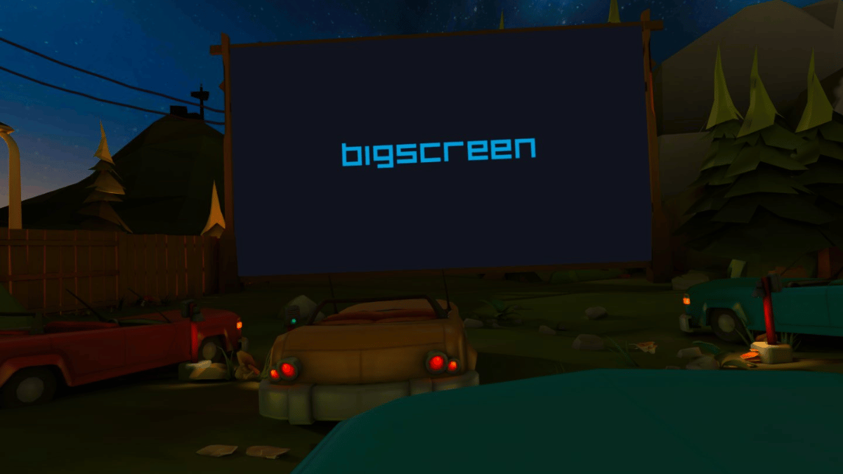 A view of the virtual theater screen in the Drive-In Cinema environment in the Bigscreen Beta VR app.