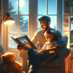A father reads a fairy tale to his toddler.