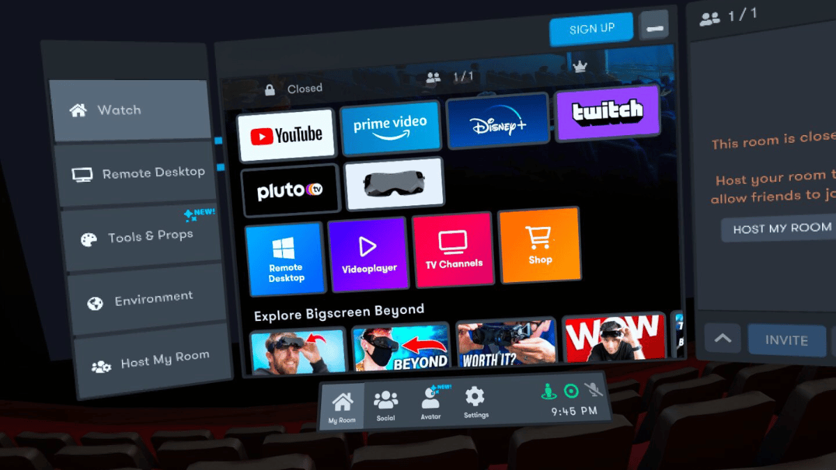 The Watch tab in the Bigscreen Beta VR app.