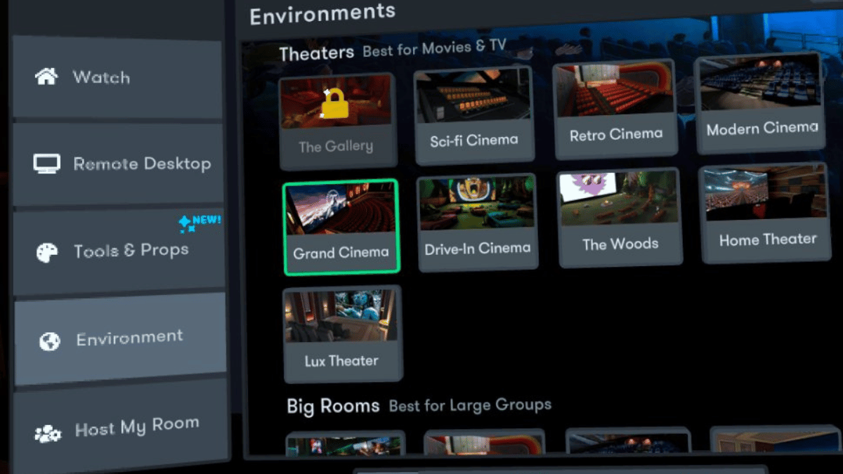 A screenshot from within the VR app Bigscreen Beta of the theater environments best for movies and TV.