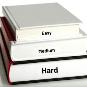 A book stack of three books contains one hard one, one medium one, and one easy one.