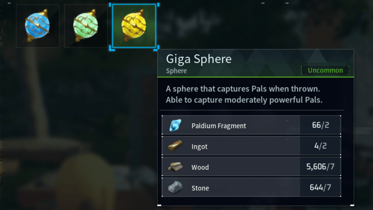 The yellow Giga Sphere recipe calls for 2 Paldium Fragments, 2 Ingots, 7 Wood, and 7 Stone.