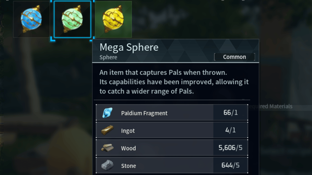 The green Mega Sphere recipe calls for 1 Paldium Fragment, 1 Ingot, 5 Wood, and 5 Stone.