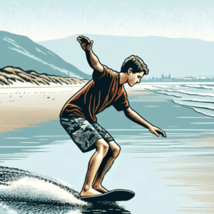 A boy learns how to skimboard at the beach.